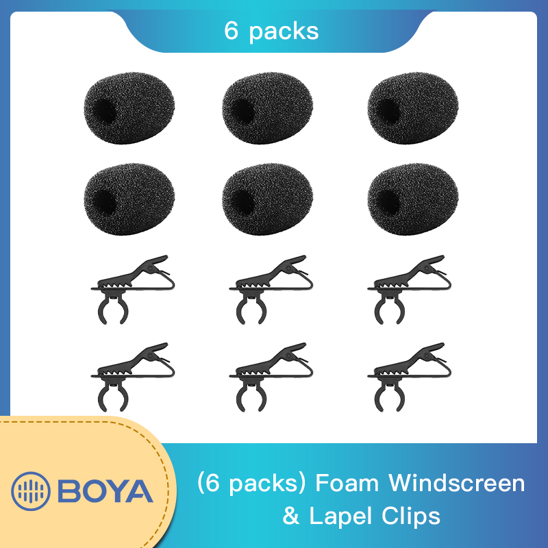 (6 packs) Foam Windscreen & Lapel Clips, BOYA Microphone Replacement Kit for Lapel Lavalier Microphone, Lav Microphone Accessories