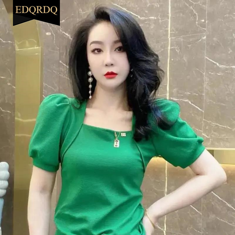 EDQRDQ Women's Puff Sleeve Square Neck Short Sleeve Elegant Slim Fit Tee Top