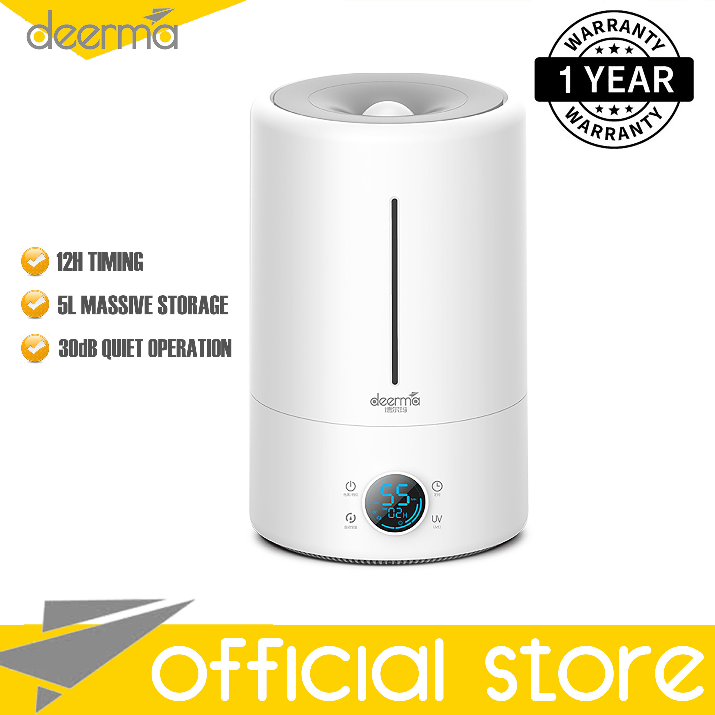 Deerma F628S Smart Humidifier 5L UV Lamp Sterilization 3 Gear 12H Timing Touch Display Low Noise, White