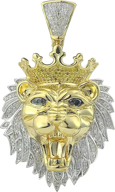 TGDJ 10k Yellow Gold Mens Round Diamond Lion Head Animal Charm Pendant 0.86 Cttw (I1-I2 Clarity; G-H Color)