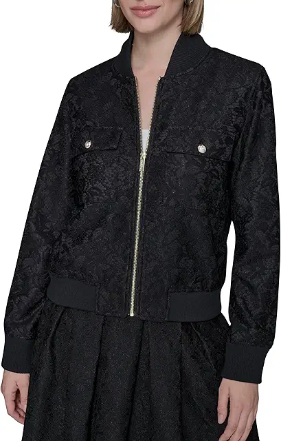 KARL LAGERFELD womens Long Sleeve Lace Scuba Bomber With Crewneck Zipper Front Jacket