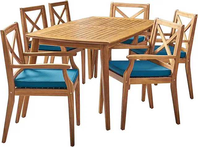 Harvey Outdoor 7 Piece Acacia Wood Dining Set, Teak Finish/Blue