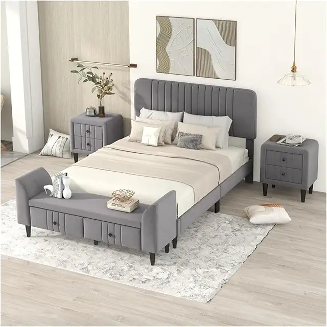 Gray 4-Pieces Bedroom Sets Full Size Upholstered Platform Bed w/Two Nightstands and Storage Bench